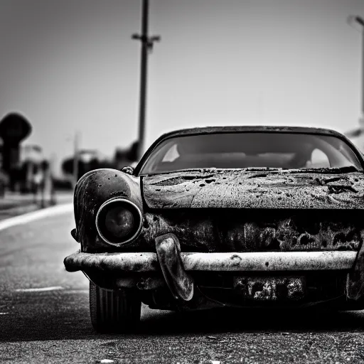 Image similar to black and white press photograph of a rusted abandoned expensive sports car on a busy city street, detailed, natural light, mist, film grain, soft vignette, sigma 5 0 mm f / 1. 4 1 / 1 0 sec shutter, imax 7 0 mm footage