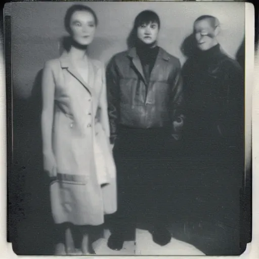 Prompt: three humanoid replicants stand too close to the camer, polaroid, flash photography, photo taken in a completely dark storage room where you can see some empty boxes in the background