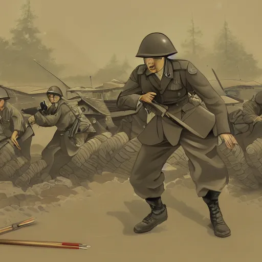 Prompt: painting of ww2 Japanese inantry! , desaturated, old school, detailed background, cell shaded, illustration, Trending on artstation