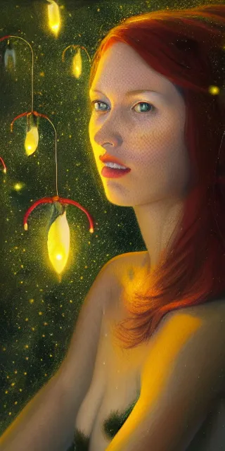 Prompt: young woman surrounded by golden firefly lights in a mesmerizing scene, sitting amidst nature fully covered, long loose red hair, precise linework, accurate green eyes, small nose with freckles, smooth oval shape face, empathic, bright smile, expressive emotions, hyper realistic ultrafine art by artemisia gentileschi, jessica rossier, boris vallejo