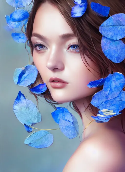 Prompt: gorgeous female full body sensual covered in translucent blue leaf and petals in the style of stefan kostic, cute - fine - face, dasha taran, backlit, refracted lighting, elegant, half body shot, 8 k, insanely detailed, intricate, art by stanley lau, artgerm, wlop, kuvshinov ilya,