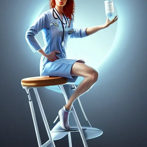 Image similar to portrait of a nurse on a stool, expressive pose, futuristic, highly detailed, digital painting, artstation, concept art, smooth, sharp focus, by Enoch Bolles