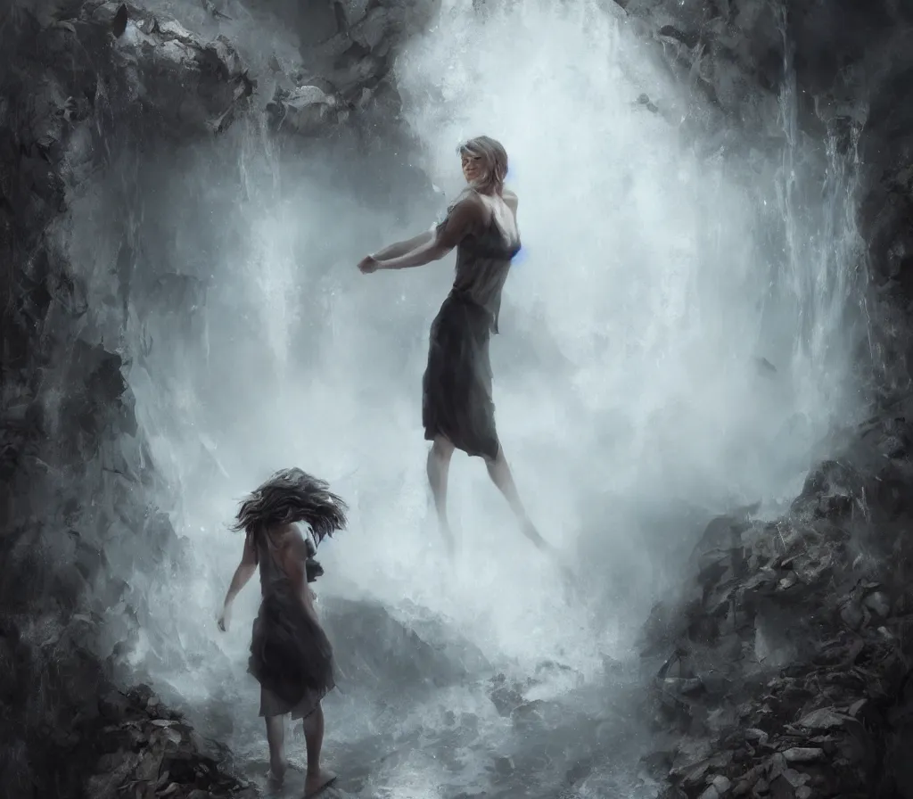 Prompt: a short haired girl girl stepping into a well full of mists and overflowing with energy, art by greg ruthowski, bastien lecouffe - deharme, ultra detailed, trending on artstation, 4 k, 8 k