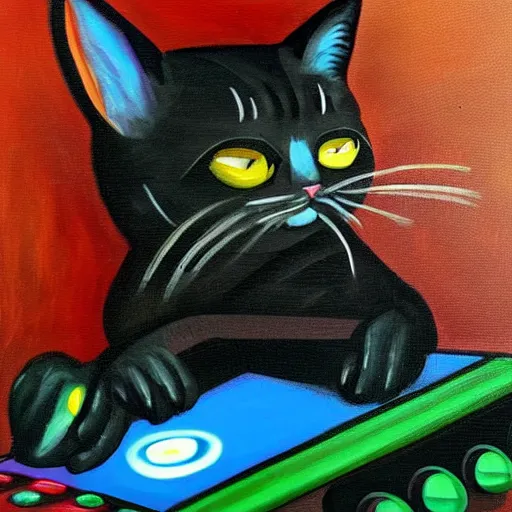 Prompt: painting of a cat playing videogames on a PC