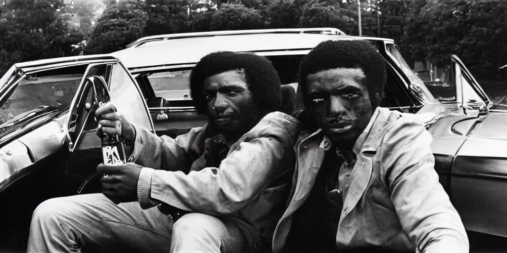 Image similar to bronx, black men sit in the 7 0 s car, holding a magnum, closeup, coloured film photography, bruce davidson photography