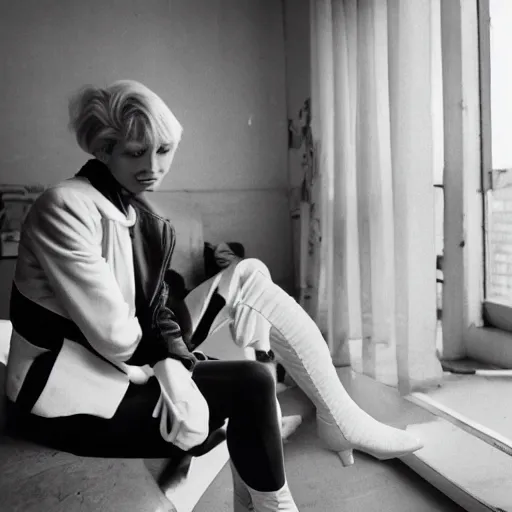 Image similar to Platinum-blonde-haired hime-cut blue-eyed 27-year-old French princess wearing white leggings, black jacket, boots, sitting in communist public housing apartment, talking to black-haired Japanese girl