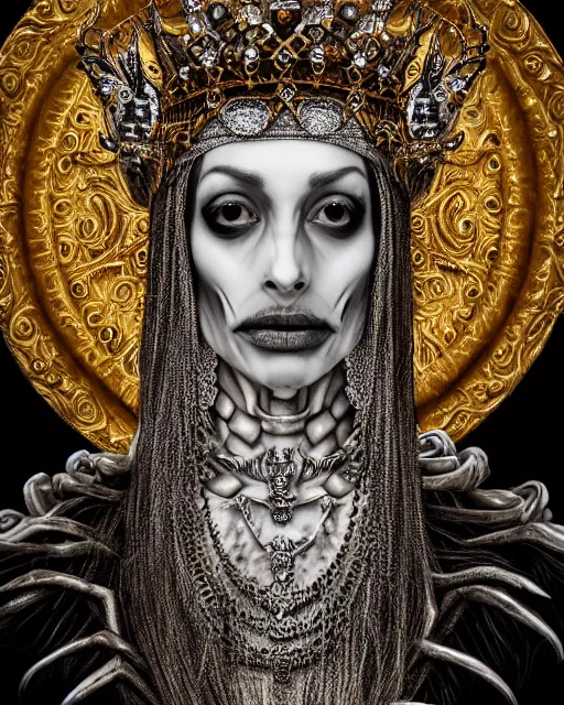 Image similar to realistic portrait of a queen of bones, dark, gold, silver ornaments, facing camera, photo realistic, detailed, 1 4 5 0, delicate, hyper realism, ultra realistic, 8 k