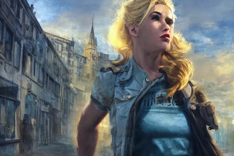 Prompt: fallout 5, charismatic beautiful rugged blonde female protagonist, portrait, outdoors european cityscape, atmospheric lighting, painted, intricate, volumetric lighting, beautiful, daytime, spring, sunny weather, few clouds, sharp focus, deep colours, ultra detailed, art by william turner