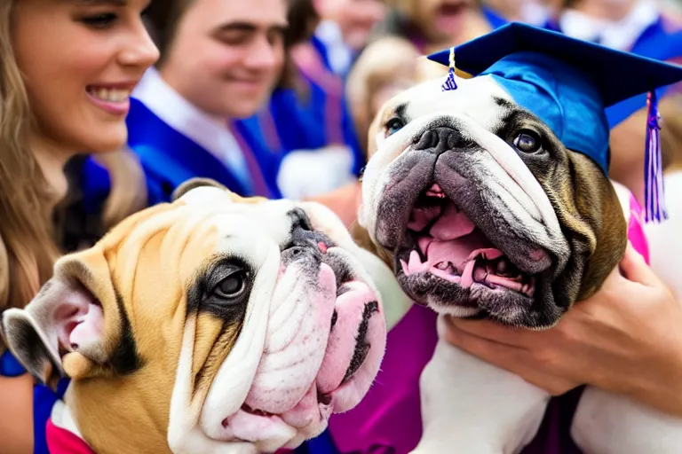 Prompt: a crowd of high school graduates petting an english bulldog wearing a crown, english bulldog wearing a plastic crown