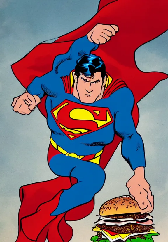 Image similar to superman eating a hamburger in his fortress of solitude