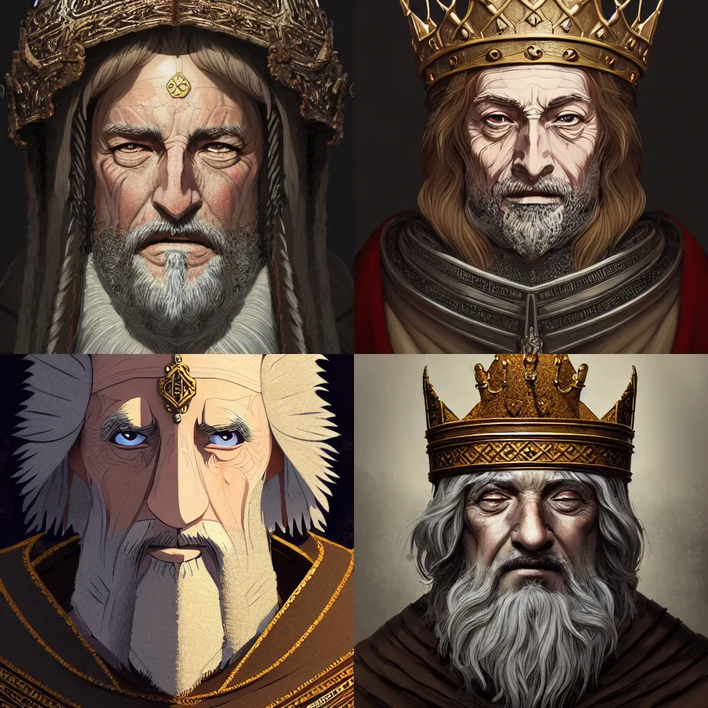 Prompt: portrait of a medieval old king, intricate, elegant, highly detailed, digital painting, artstation, concept art, smooth, sharp focus, illustration, art by studio ghibli, 8 k