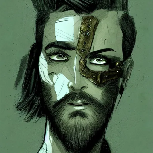 Image similar to very attractive man with beard, strong masculine features, slim, short hair, 35 years old, one android eye, sophisticated clothing with some steampunk elements, gesture dynamic, command presence, royalty, weathered face, smooth, sharp focus, organic, appealing, book cover, deep shadows, by Dave McKean sketch lineart for character design