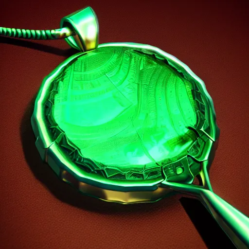 Prompt: shiny metallic amulet with a glowing emerald, highly detailed, concept art, beautiful, octane render, realistic, unreal engine, sharp focus