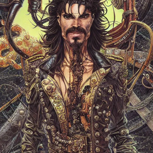 Image similar to portrait closeup of crazy captain hook, symmetrical, hyper detailed, by yoichi hatakenaka, masamune shirow, josan gonzales and dan mumford, ayami kojima, takato yamamoto, barclay shaw, karol bak, yukito kishiro