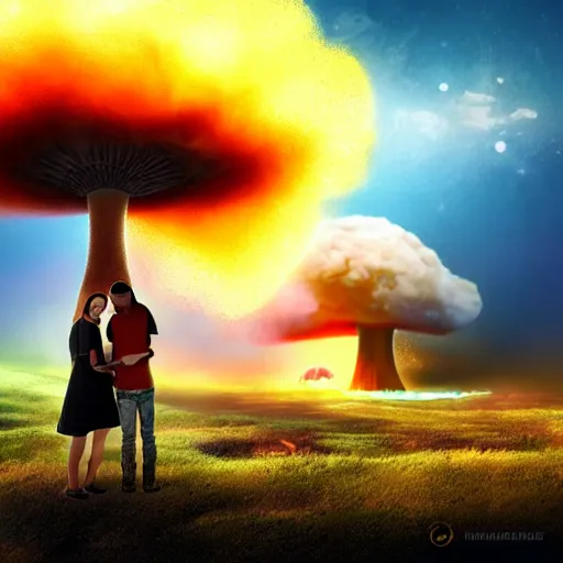 Image similar to a young couple watching a nuclear explosion, romantic, mushroom cloud, uplifting, happy, apocalytic detailed digital matte painting