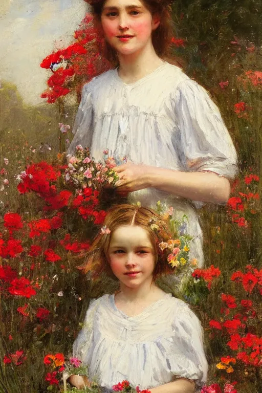 Image similar to Solomon Joseph Solomon and Richard Schmid and Jeremy Lipking victorian genre painting portrait painting of a happy young village girl in an open field of flowers, red background