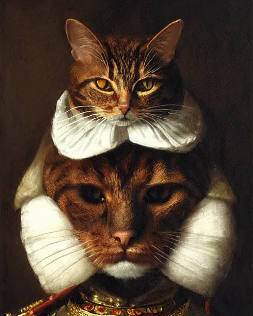 Image similar to portrait of cute brown cat with serious expression wearing 1 7 th century royal guard uniform, baroque painting, greg rutkowski