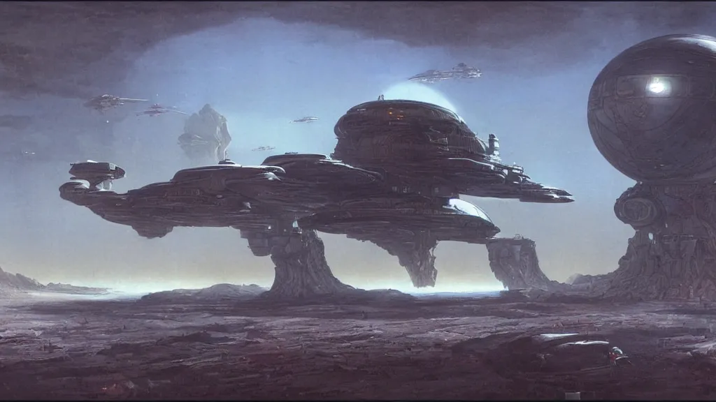 Image similar to organic dropship lander by john schoenherr and jim burns, epic cinematic matte painting