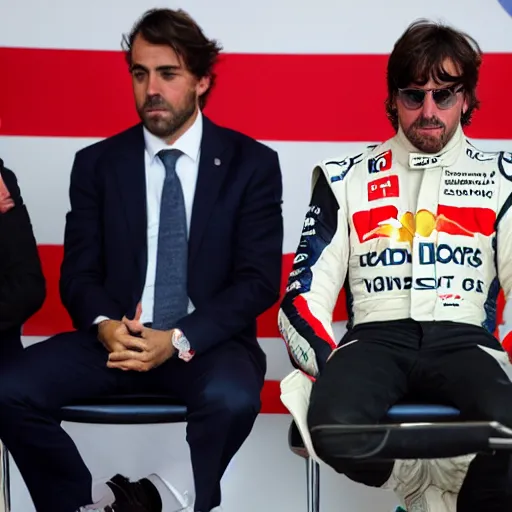 Prompt: formula 1 driver fernando alonso as the president of the united states at a press conference, realistic, 4k, detailed, photograph