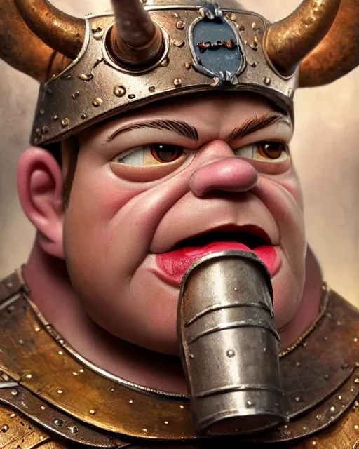 Image similar to highly detailed closeup, face profile portrait of a tin toy matt damon as a medieval demon with horns eating cakes in a castle, hyper realistic, artstation, illustration, nicoletta ceccoli, mark ryden, lostfish, dan decarlo, bob clampett, max fleischer, digital paint, matte paint, vivid colors, detailed and intricate environment