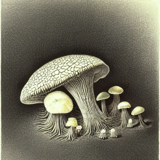 Image similar to a hybrid between a mushroom and a sofa, insanely detailed, studio light, gustav dore, colored pencil