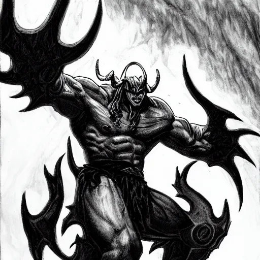 Image similar to illidan stormrage engraving, ink, black and white