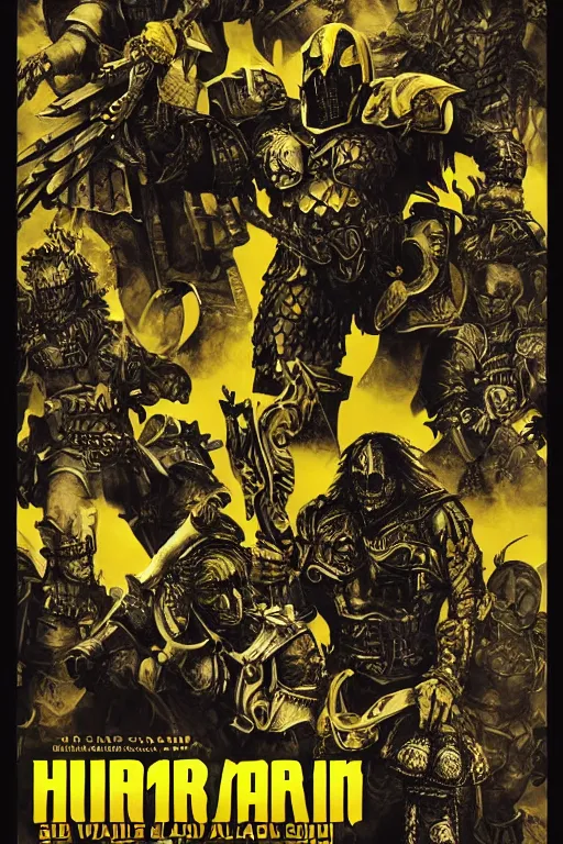 Image similar to an armored barbarian, loaded with weapons and animal skulls, horror sci - fi black and yellow poster