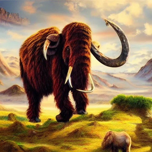 Image similar to colorful cute baby wooly mammoth full body on prehistoric landscape detailed oil painting 4k