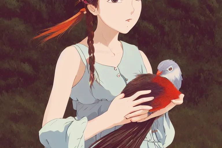 Image similar to young pretty girl holding a bird in her hands, looking touched, Fragile looking character portrait , beautiful scene; highly detailed art, by Studio Ghibli , High contrast, anime art