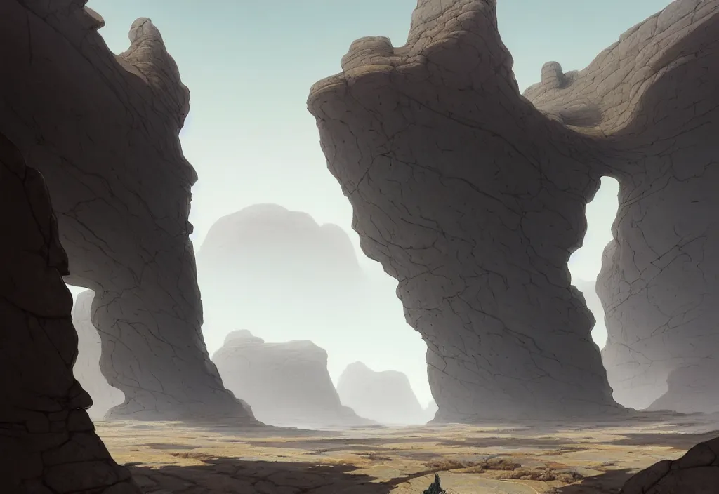 Prompt: The landscape of a gray barren land with dry gray land, enclosed in incredibly endlessly-gigantic smoothed rock walls. The walls are so far apart that they disappear over the horizon. Art by Finnian MacManus, Simon Stalenhag, Arthur Rackham. Masterpiece, fantasy art, cinematic, hyperdetailed, photorealistic, hyperrealism, octane rendering, 8k