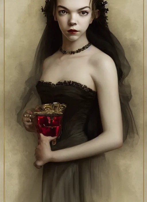 Prompt: a portrait of an elegant beautiful dark bohemian vampire woman, smooth face, glamour shot, (young Anya Taylor-Joy), bored, illustration, dramatic lighting, soft details, painting oil on canvas, art nouveau, octane render, HDR, 4k, 8k, HD, by Edmund Blair Leighton, Brom, Charlie Bowater, trending on artstation,