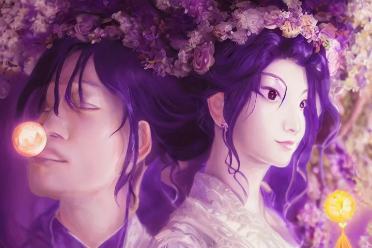 Image similar to a cinematic portrait of wedding photograph jpeg close up moment of a divine a japan sun god and moon goddess lovers magician at a wedding banquet. portraiture. digital painting. artstation. concept art. fantasy wedding photo. digital painting, 8 k realistic, hyper detailed, violet evergarden art masterpiece by art by krenz cushart