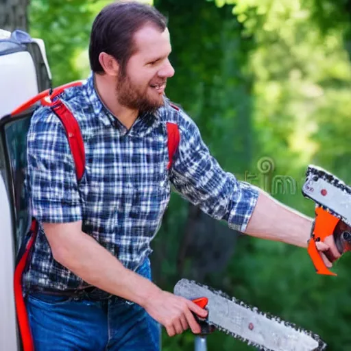 Image similar to reflexologjst approaches patient, wielding a chainsaw, stock photo, creepy grin