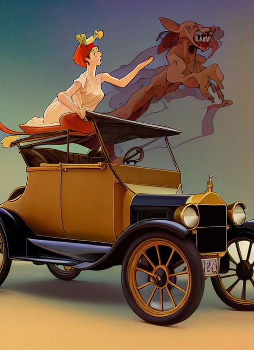 Prompt: model t ford, natural lighting, path traced, highly detailed, high quality, digital painting, by don bluth and ross tran and studio ghibli and alphonse mucha, artgerm