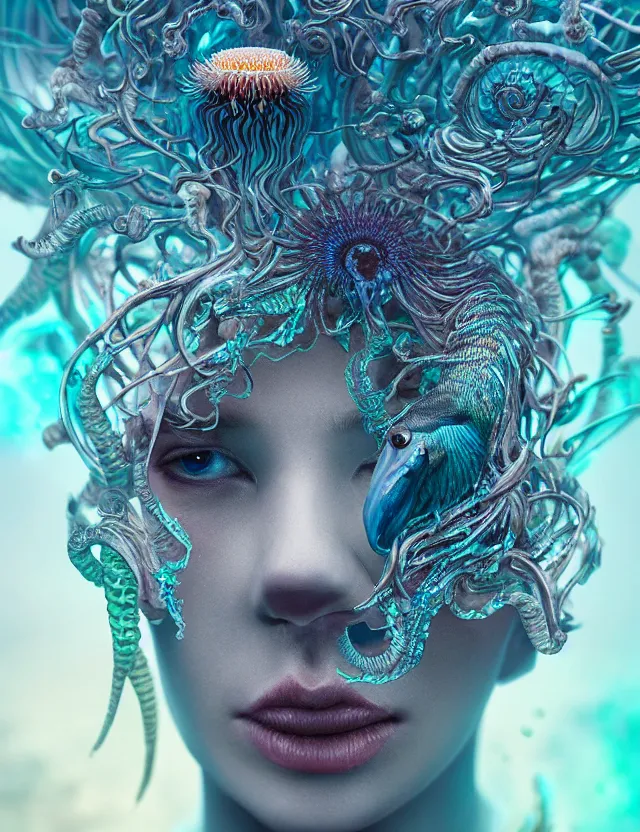 Image similar to goddess macro close - up portrait in crown made of ram skull. betta fish, jellyfish phoenix, bioluminiscent, plasma, ice, water, wind, creature, super intricate ornaments artwork by tooth wu and wlop and beeple and greg rutkowski