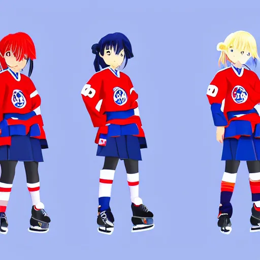 Image similar to cute anime girl ice hockey player, habs jersey, blue white and red color blocking, character concept exploration, ghost in the shell, outfit designs, trending on artstation, 8k