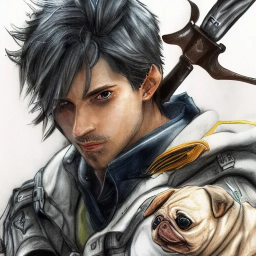 Image similar to self portrait, young white hispanic handsome man with short light brown hair and light skin and a 5 o clock shadow and holding a pug while fighting against 2 swordsmen pencil art, warzon, battlefield, added detail, high definiton, colored, backfacing, illustrated by yoji shinkawa