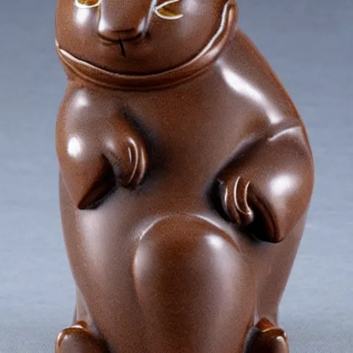 Prompt: demure anthropomorphic cat figurine wearing a kimono, brown resin, highly detailed, intricate, monotone