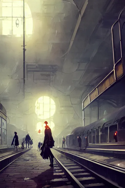 Image similar to The Train Station, cinematic lighting, dramatic atmosphere, by Dustin Nguyen, Akihiko Yoshida, Greg Tocchini, Greg Rutkowski, Cliff Chiang, 4k resolution, trending on artstation