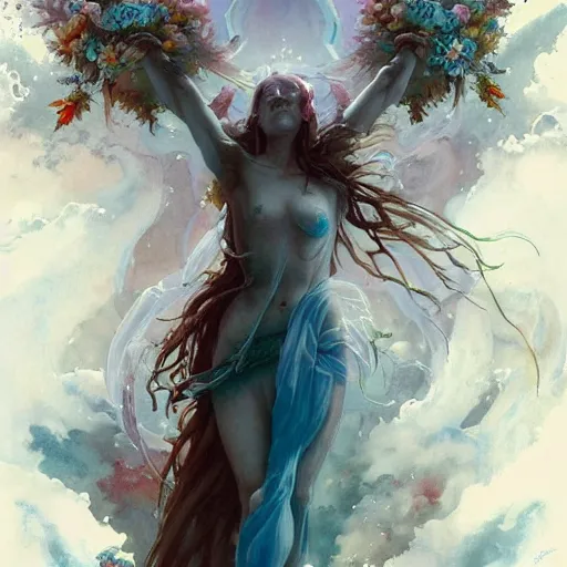 Image similar to full body portrait, long shot, Crucifixion pose, of a beautiful goddess, sworming in flowers, magical, pale skin, blue eyes, long black hair, floating in a misty daze, by pete mohrbacher and greg rutkowski, watercolor painting, deviantart, pinterest