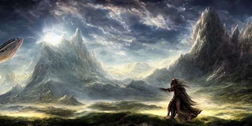 Prompt: digital fantasy medieval knight watching alien battlestar starship spaceship arriving, mountain painting high resolution devianart detailed dreamy, clouds, river, birds on sky, boat