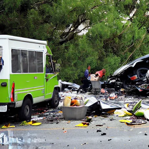 Image similar to avocado truck accident, people picking avocados from the road, highly detailed photograph