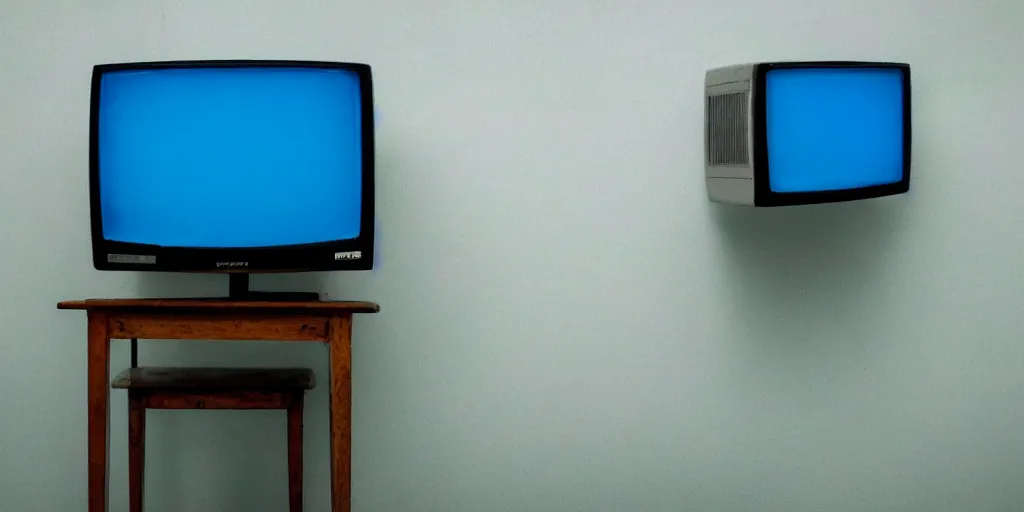 Image similar to an old CRT tv with a glowing blue screen, on an old chair in an empty room, eerie atmosphere and dim green lighting