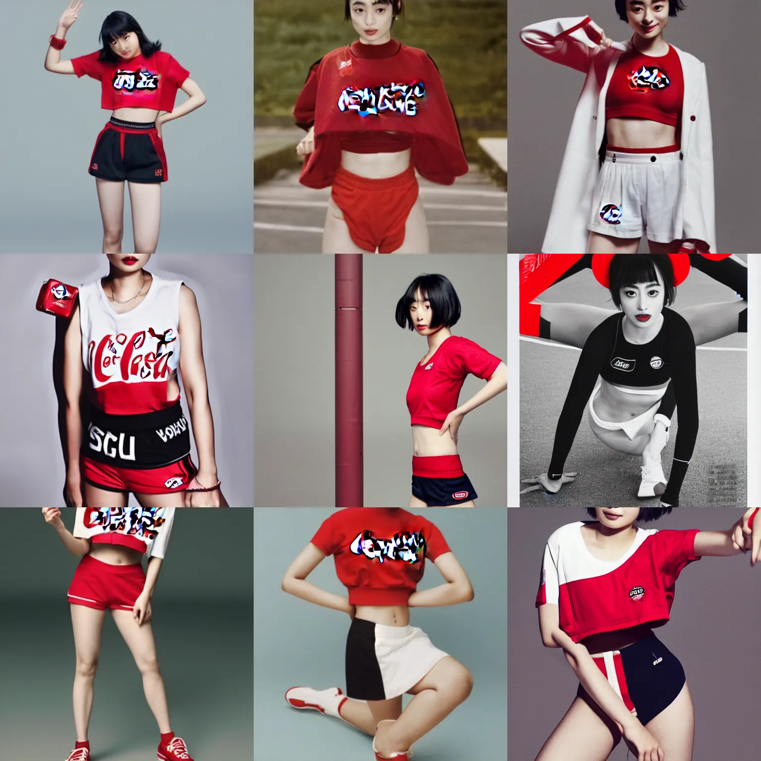 Prompt: suzu Hirose wearing crop red Coca Cola gym top with white Lettering, cropped red yoga short, white background, advertising photograph by Mario Testino, masterwork