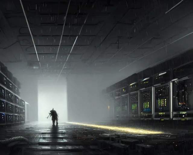 Image similar to gloomy colossal ruined server room in datacenter robot figure automata headless drone robot knight welder posing pacing fixing soldering mono sharp focus, emitting diodes, smoke, artillery, sparks, racks, system unit, motherboard, by pascal blanche rutkowski artstation hyperrealism cinematic dramatic painting concept art of detailed character design matte painting, 4 k resolution blade runner