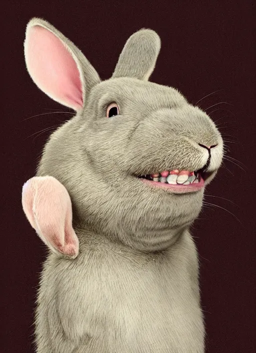 Image similar to hyper realistic, portrait of a derpy mr. bean big chungus, with bunny rabbit ears, very fuzzy, furry, smoking weed, big smile, buck teeth, bright balanced lighting, by greg rutkowski, scott m fischer, artgerm, loish, slight glow, atmospheric, anne stokes, alexandros pyromallis, 4 k, 8 k