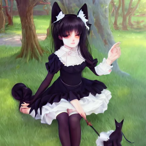 Image similar to realistic beautiful gorgeous natural cute fantasy young teenager girl black hair cute black cat ears in maid dress outfit beautiful eyes artwork drawn full HD 4K highest quality in artstyle by professional artists WLOP, Taejune Kim, Guweiz, ArtGerm on Artstation Pixiv