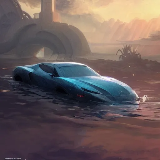 Prompt: a car under the water in the ocean, D&D, fantasy, intricate, cinematic lighting, highly detailed, digital painting, artstation, concept art, smooth, sharp focus, illustration, art by Artgerm and Greg Rutkowski and Alphonse Mucha
