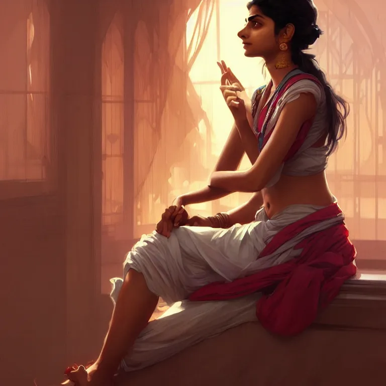 Prompt: Anxious pretty young Indian doctor waiting for her flight, portrait, sci-fi face, elegant, highly detailed, digital painting, artstation, concept art, smooth, sharp focus, illustration, art by artgerm and greg rutkowski and alphonse mucha