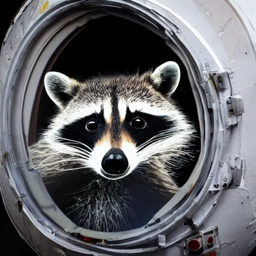 Image similar to a raccoon astronaut gazing in wonder at the universe